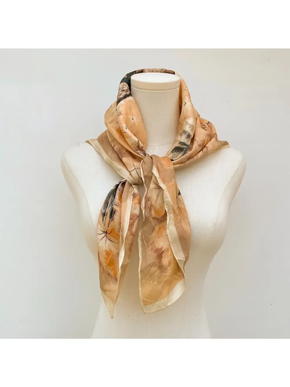 Vintage 70s Satin Bird Scarf Pheasants Country Earth Tones Wildlife Nature Hawk